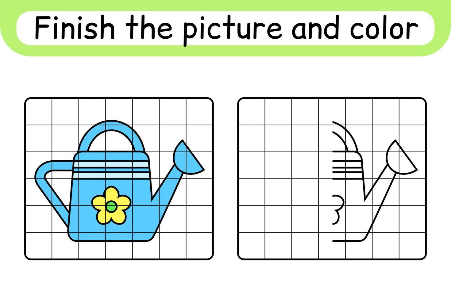 Complete the picture watering can. Copy the picture and color. Finish the image. Coloring book. Educational drawing exercise game for children vector