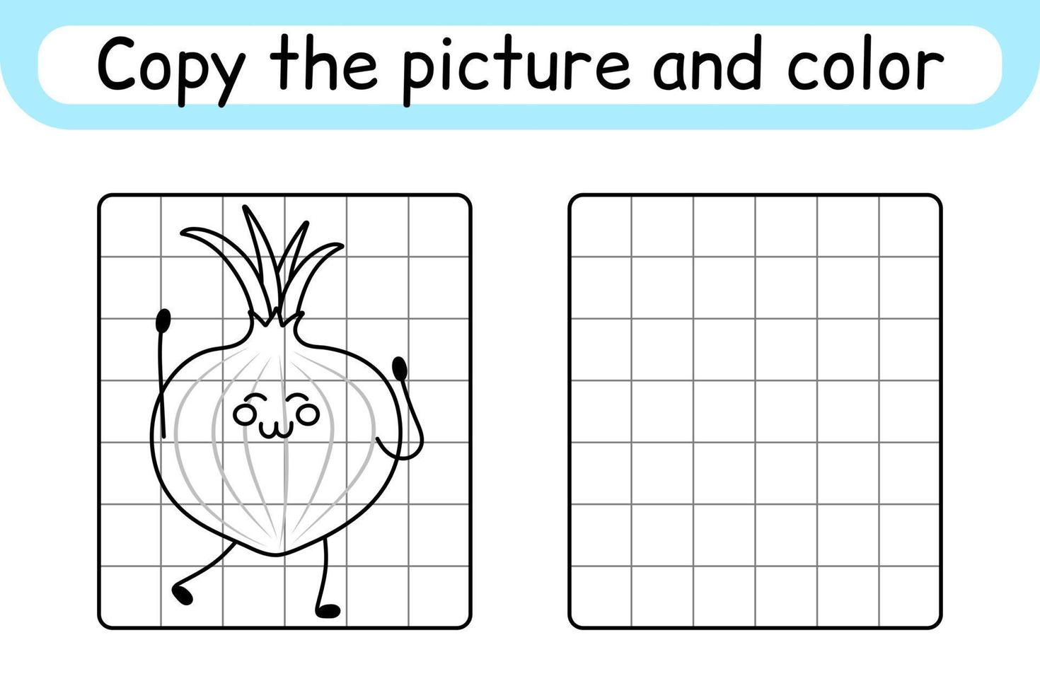 Copy the picture and color onion. Complete the picture. Finish the image. Coloring book. Educational drawing exercise game for children vector