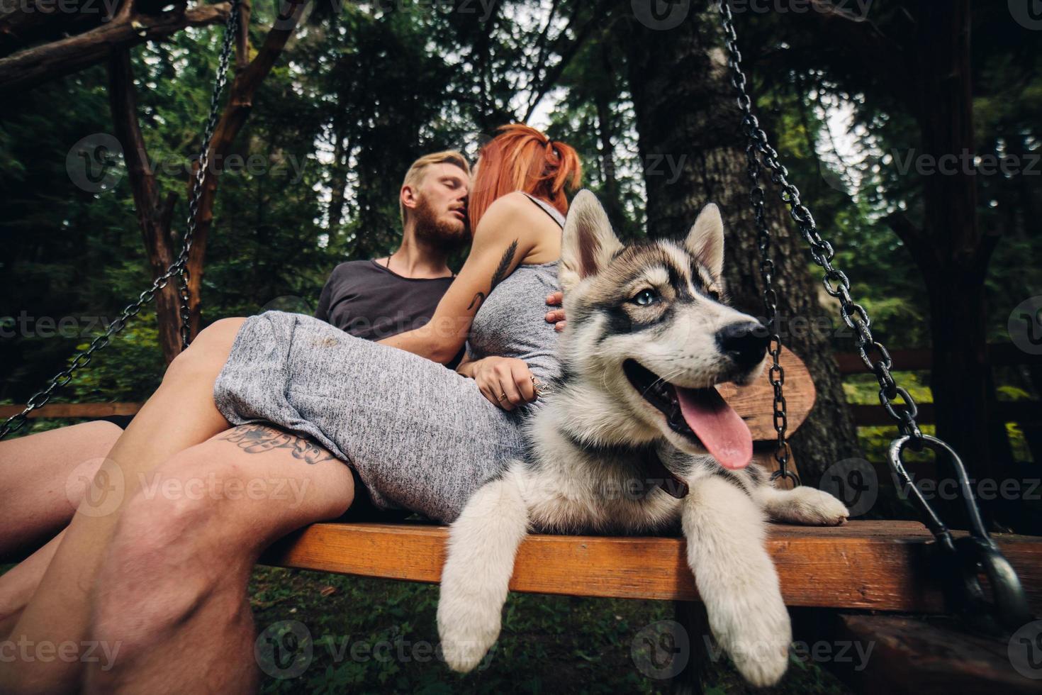 beautiful couple together with dog on a swing photo