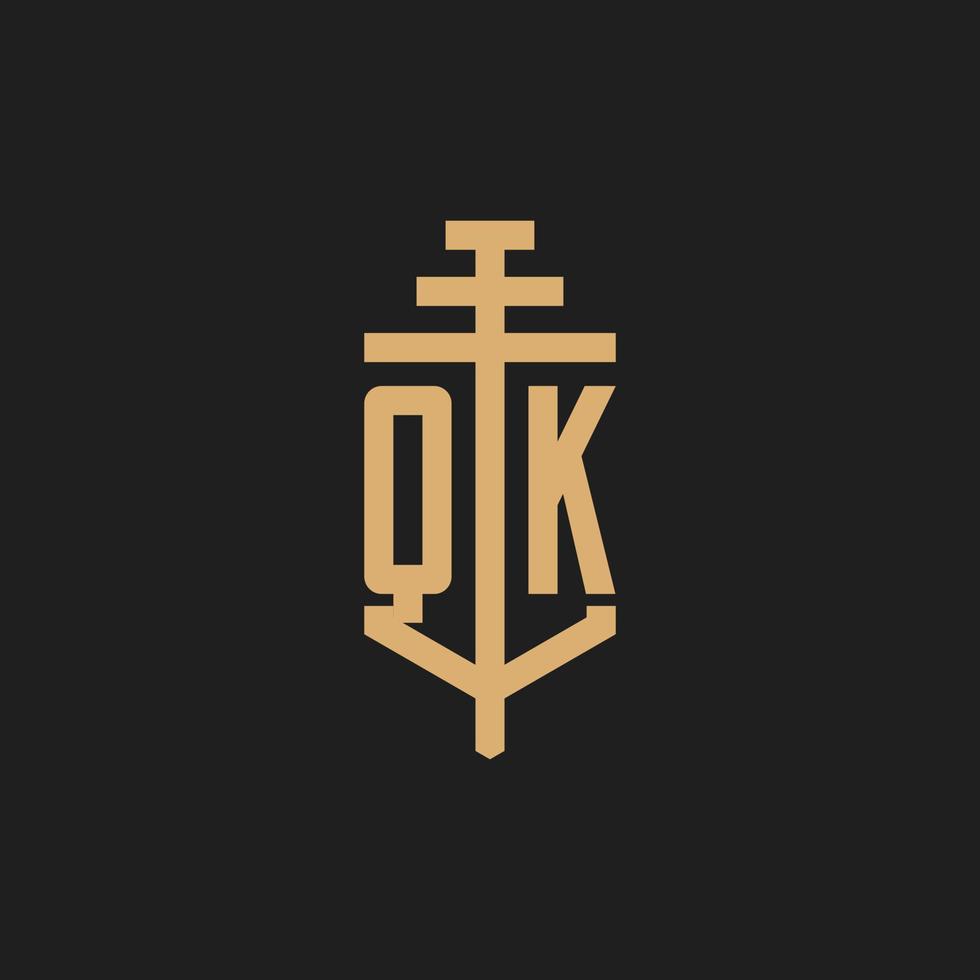 monograma del logotipo inicial de qk con vector de diseño de icono de pilar