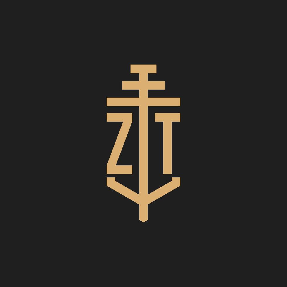 ZT initial logo monogram with pillar icon design vector