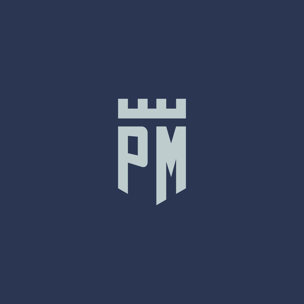 monograma del logotipo de pm con castillo de fortaleza y diseño de estilo de escudo vector