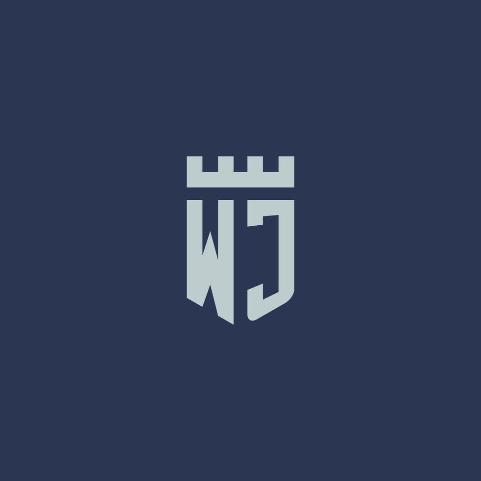 monograma del logotipo de wj con castillo de fortaleza y diseño de estilo de escudo vector