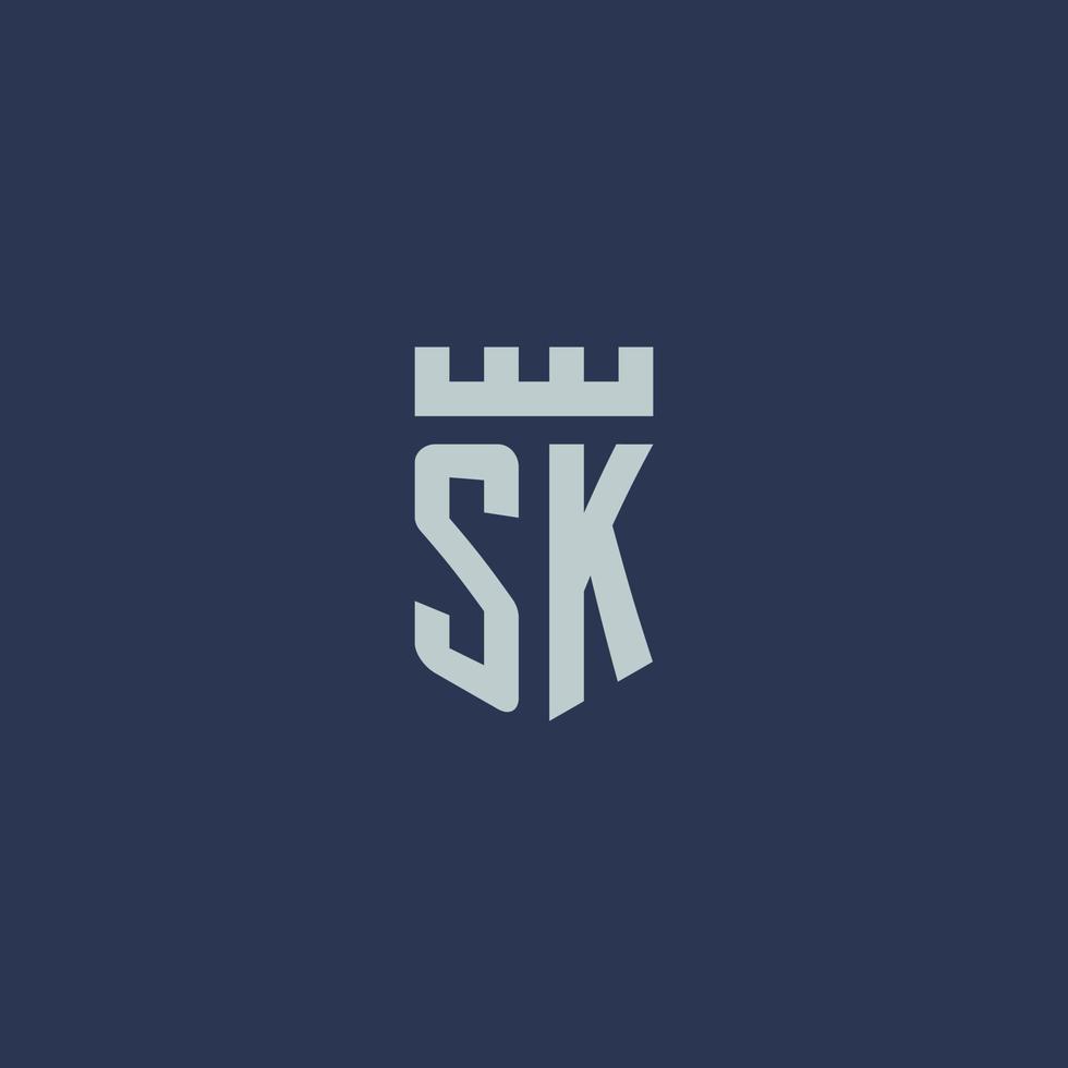monograma del logotipo sk con castillo fortaleza y diseño de estilo escudo vector