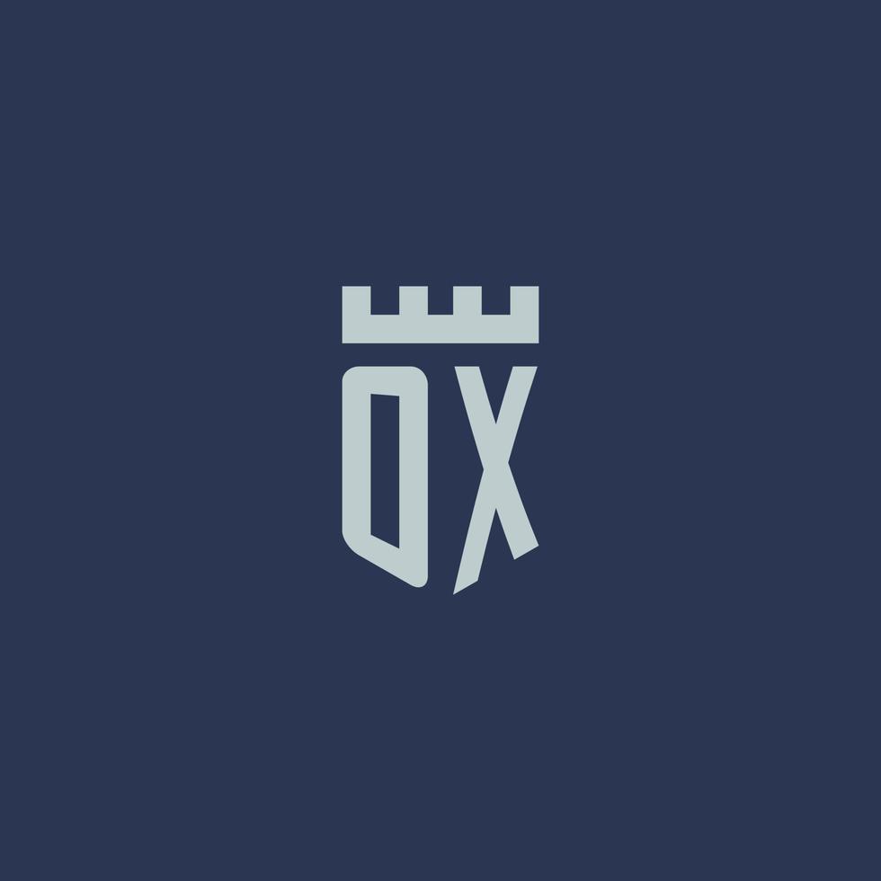 OX logo monogram with fortress castle and shield style design vector