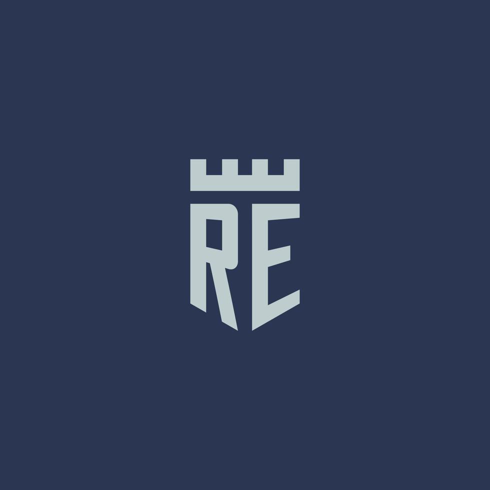 monograma de logotipo re con castillo de fortaleza y diseño de estilo de escudo vector