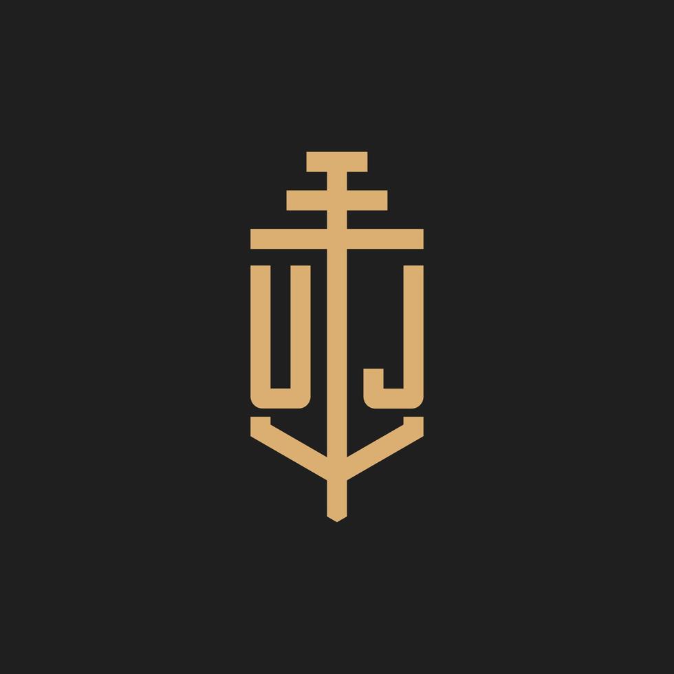 monograma del logotipo inicial uj con vector de diseño de icono de pilar