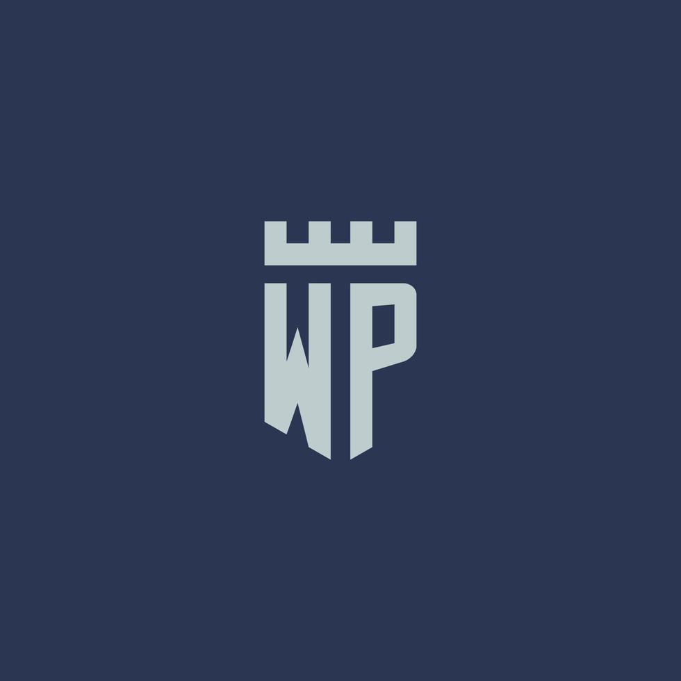 monograma del logotipo de wp con castillo de fortaleza y diseño de estilo de escudo vector
