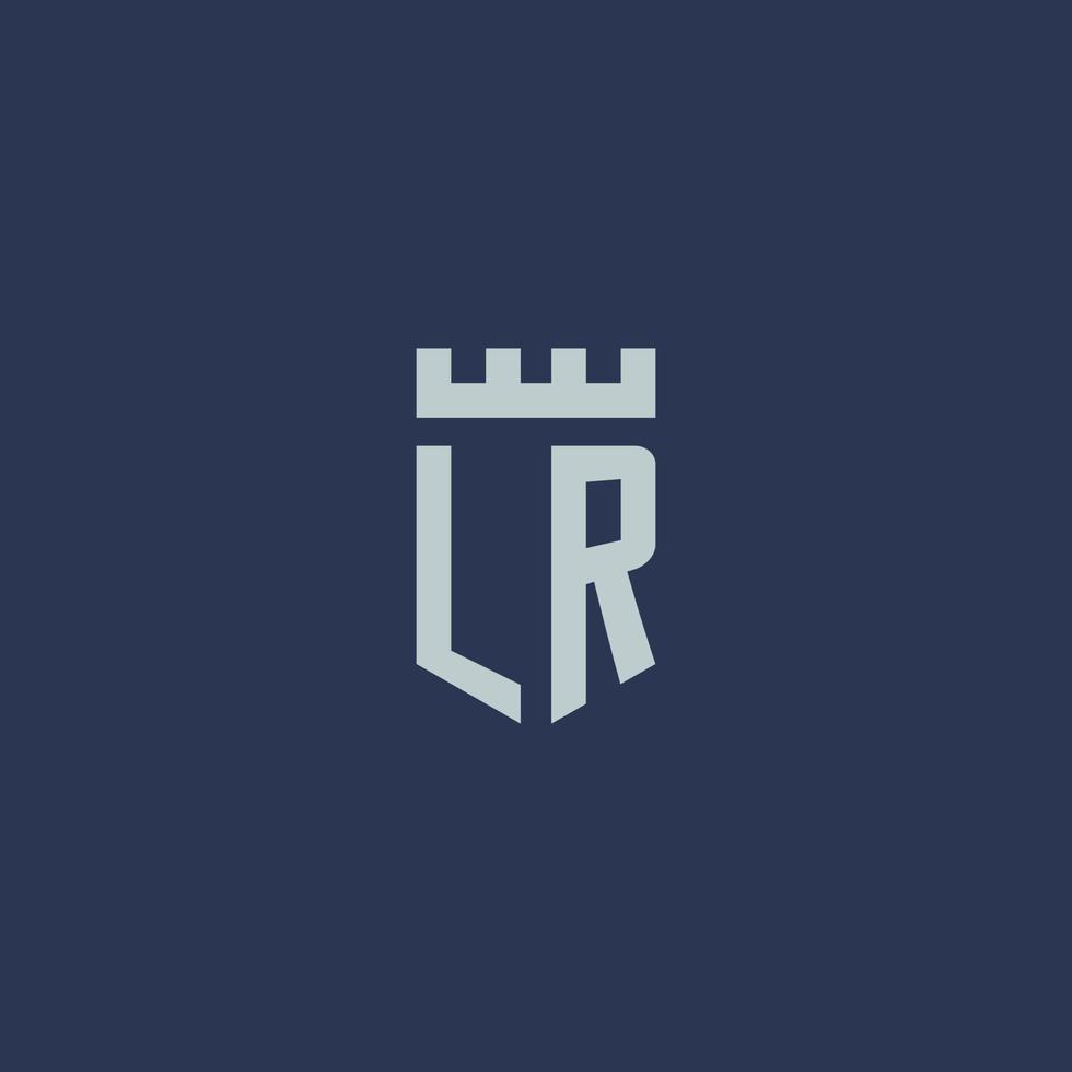 monograma del logotipo lr con castillo fortaleza y diseño de estilo escudo vector