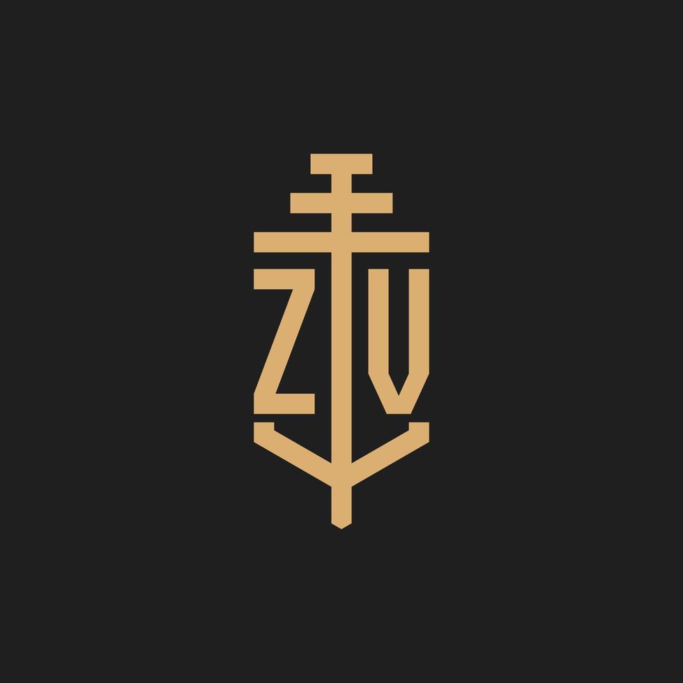 monograma del logotipo inicial zv con vector de diseño de icono de pilar
