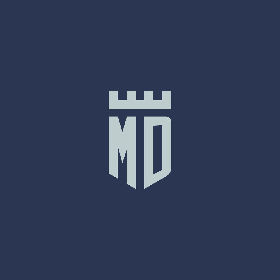 monograma del logotipo de md con castillo de fortaleza y diseño de estilo de escudo vector
