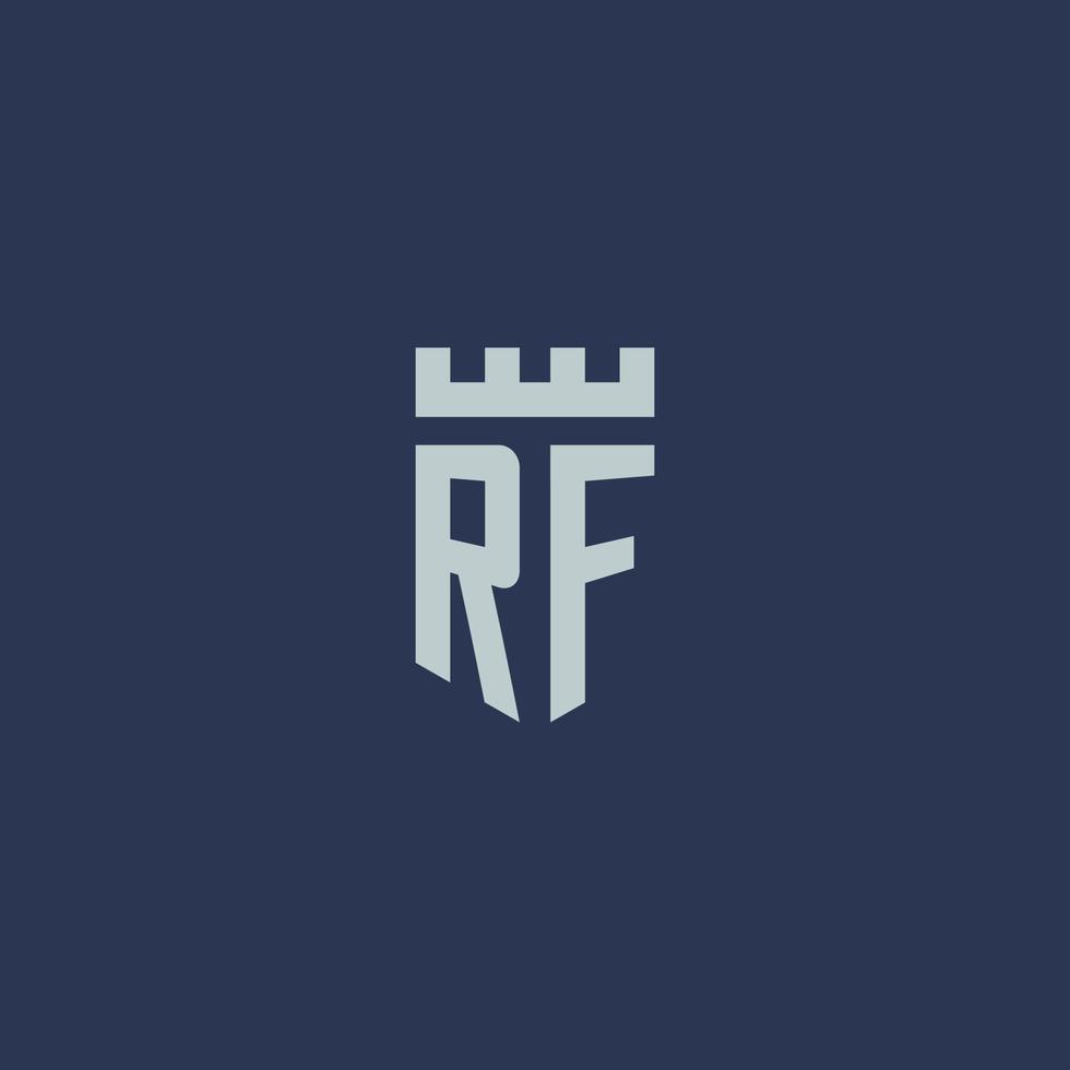 monograma del logotipo de rf con castillo de fortaleza y diseño de estilo de escudo vector