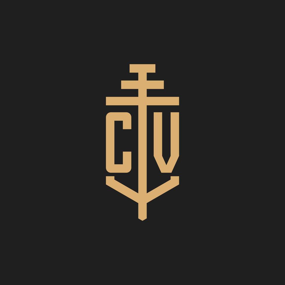 monograma del logotipo inicial cv con vector de diseño de icono de pilar