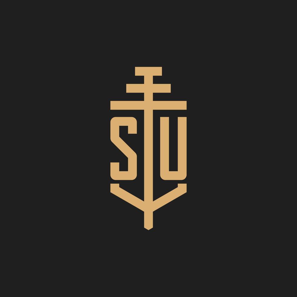 SU initial logo monogram with pillar icon design vector