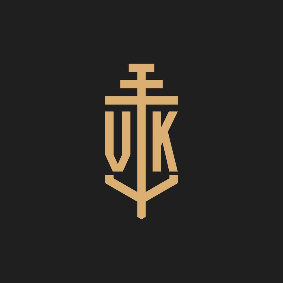 VK initial logo monogram with pillar icon design vector