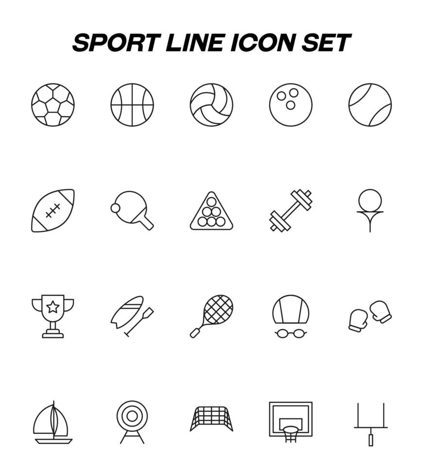 Sport, hobby, activity concept. Vector minimalistic sign drawn in flat style. Line icon set with symbols of various balls, tennis racket, bowling, dumbbell, winner cup, swimming etc