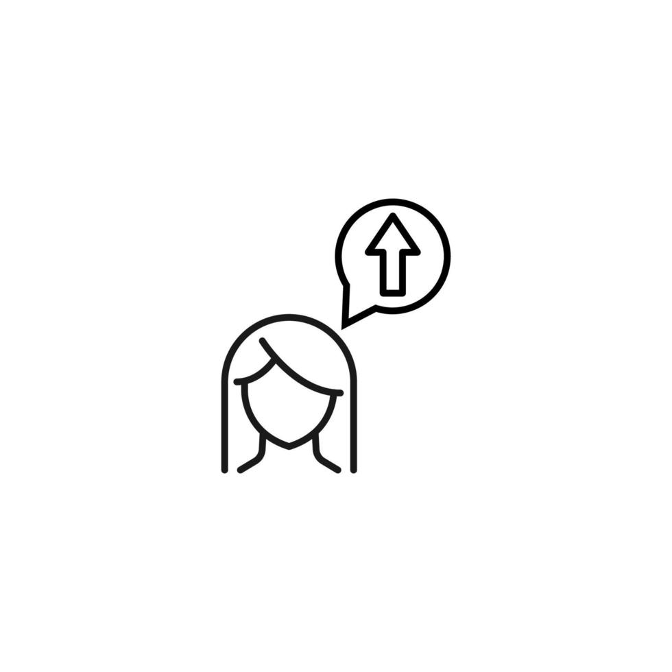 Thought and ideas of woman. Vector sign drawn with black thin line. Editable stroke. Suitable for sites, stores, books. Line icon of arrow up inside of speech bubble by woman