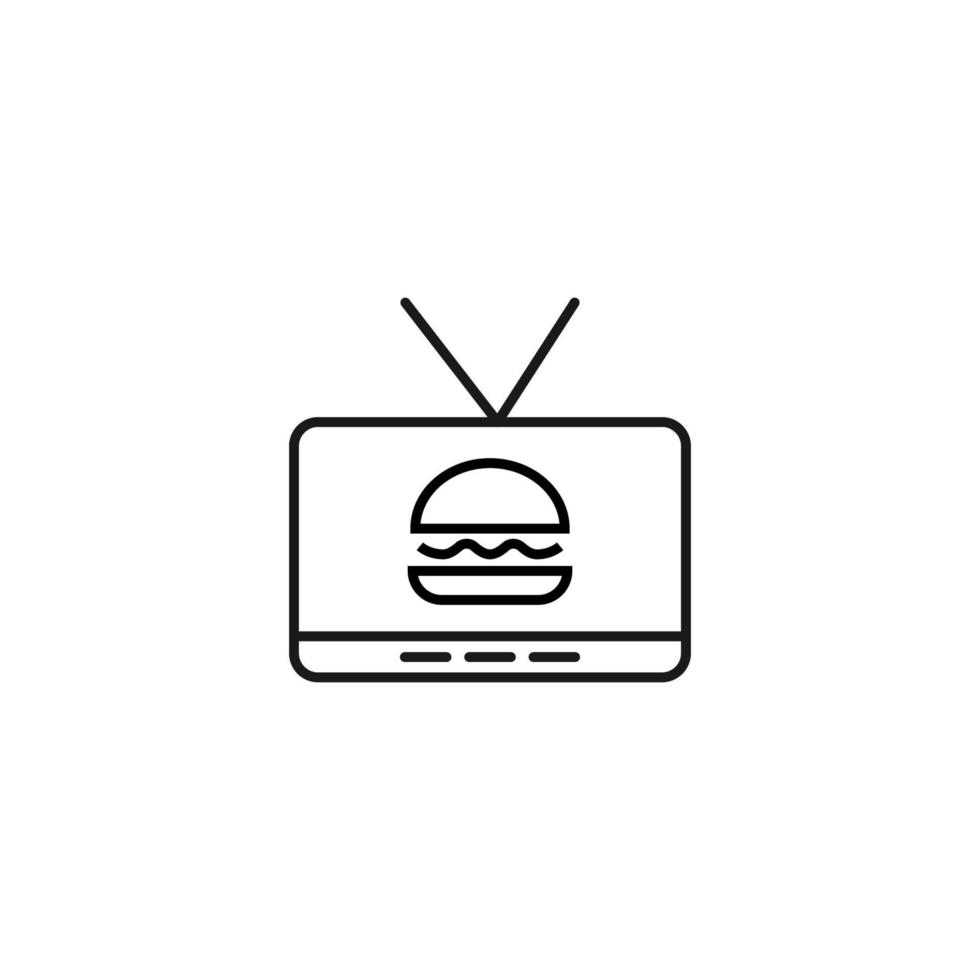 Television, tv set, tv show concept. Vector sign drawn in flat style. Suitable for sites, articles, books, apps. Editable stroke. Line icon of burger on tv screen