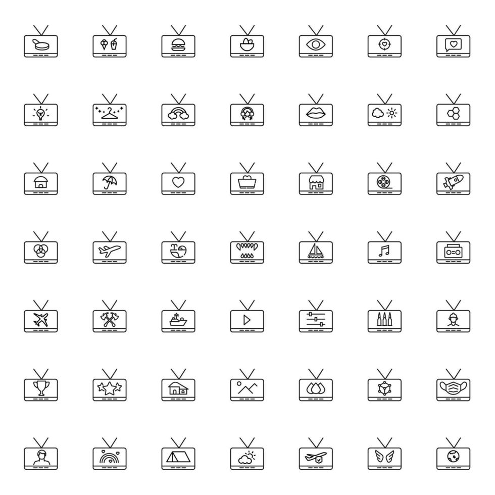 Television, tv set, tv show concept. Vector sign drawn in flat style. Line icon set with symbols of man, burger, teeth, eggs, eye, heart, mountains etc on tv screen