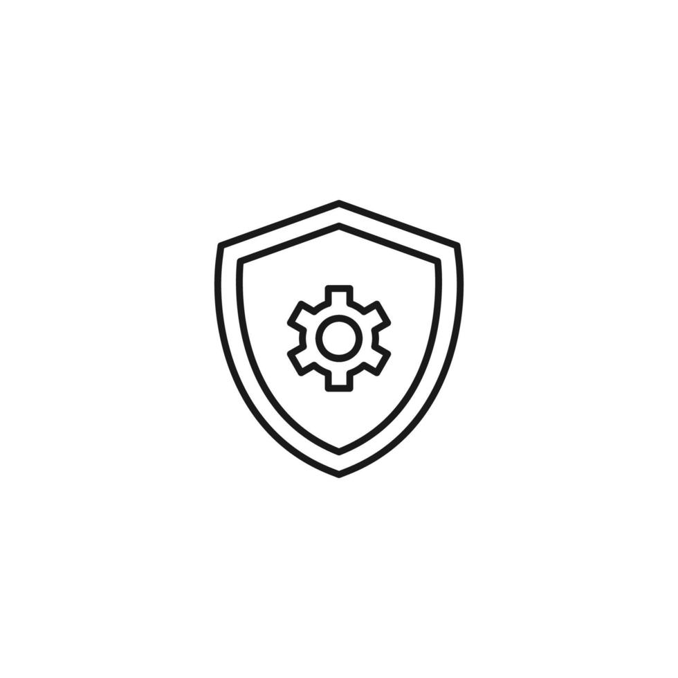 Shield, armor, protection sign. Minimalistic vector symbol drawn with black thin line. Suitable for adverts, stores, shops, books. Line icon of gear or cogwheel inside of armor or shield