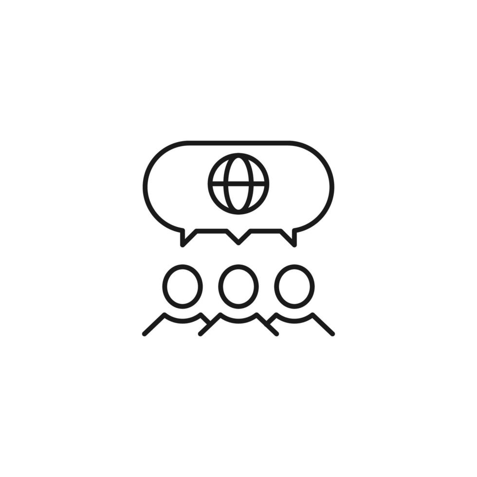 People, staff, speech bubble concept. Vector line icon for web sites, stores, online courses etc. Sign of earth or globe inside of speech bubble over group of people