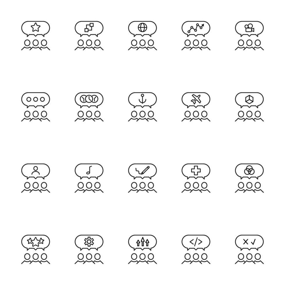 People, staff, speech bubble concept. Vector line icon for web sites, stores, online courses etc. Various signs inside of speech bubble over group of people