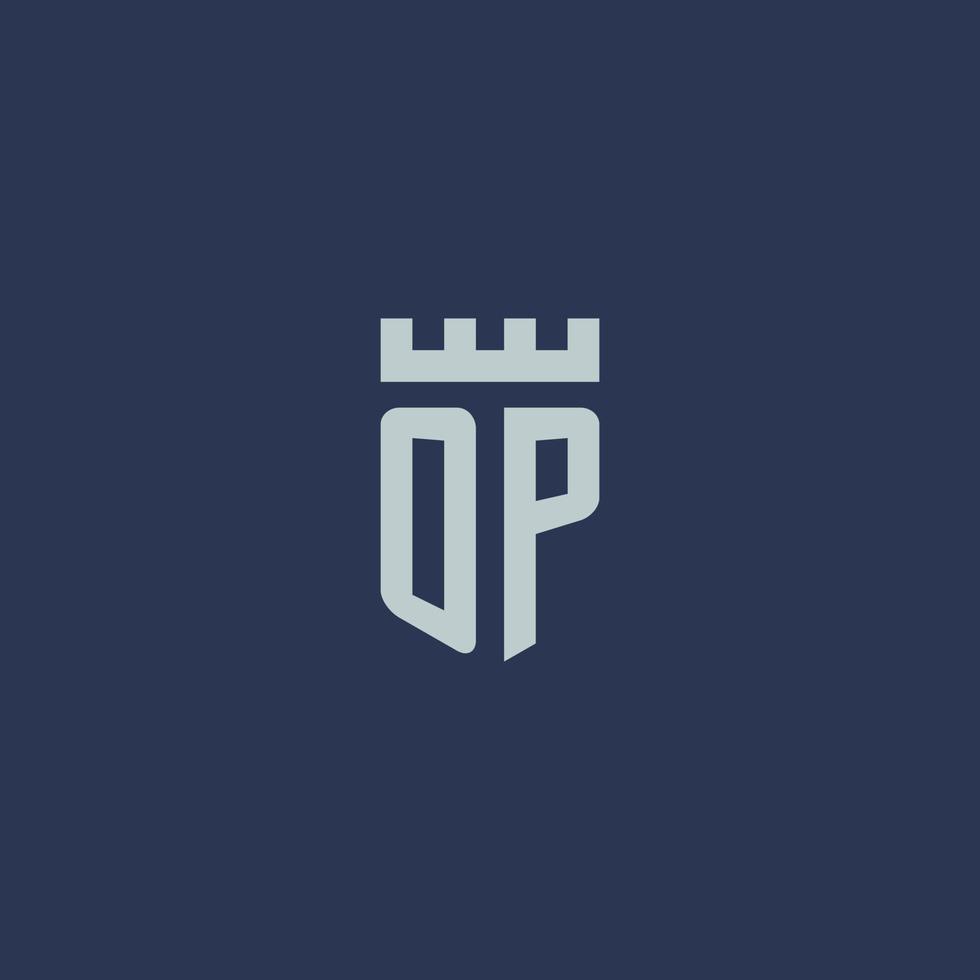 monograma del logotipo op con castillo de fortaleza y diseño de estilo escudo vector