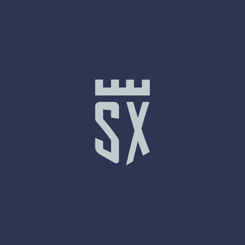 monograma del logotipo sx con castillo de fortaleza y diseño de estilo escudo vector