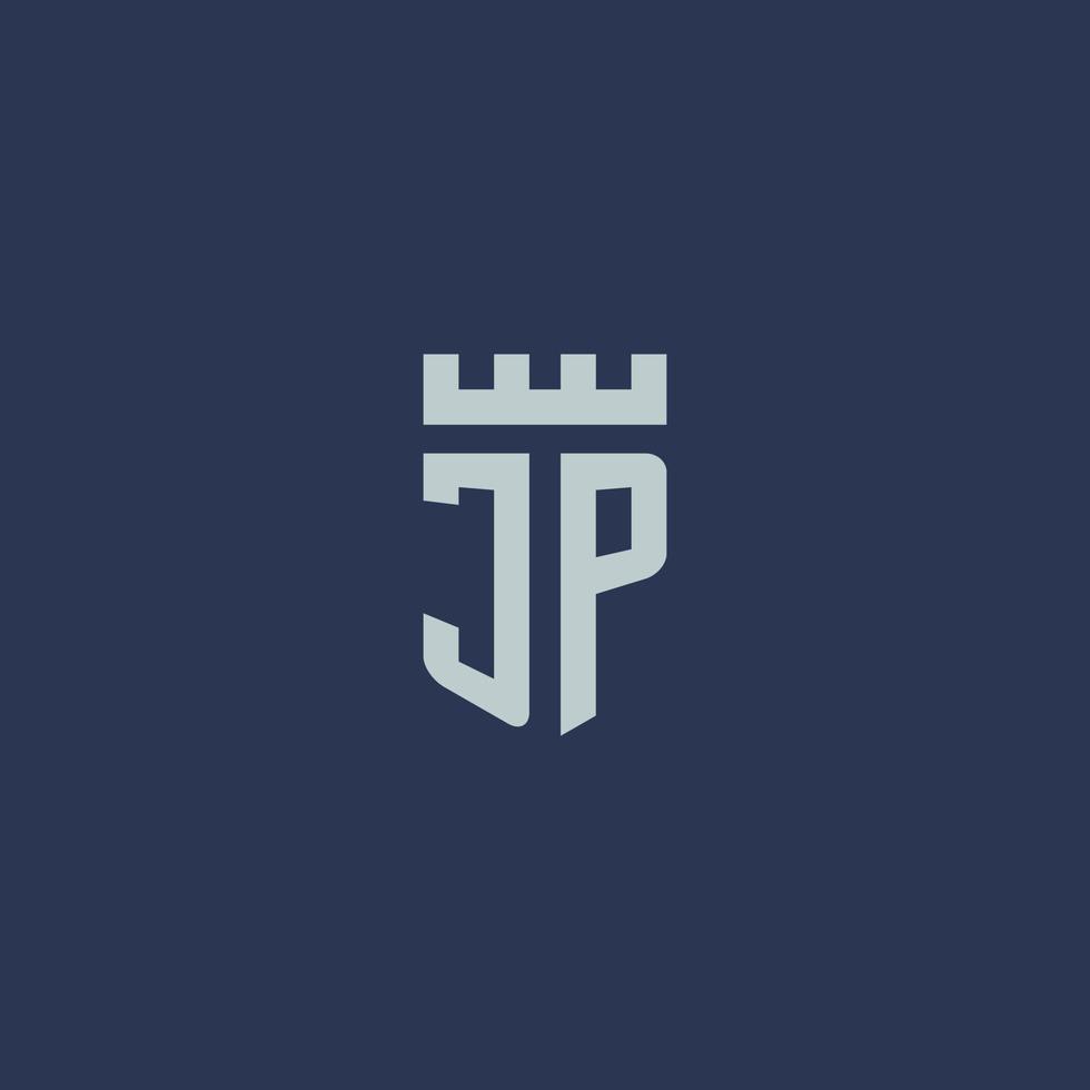 JP logo monogram with fortress castle and shield style design vector