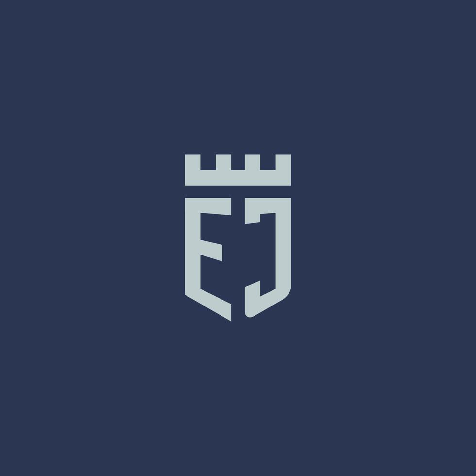 monograma del logotipo ej con castillo de fortaleza y diseño de estilo escudo vector