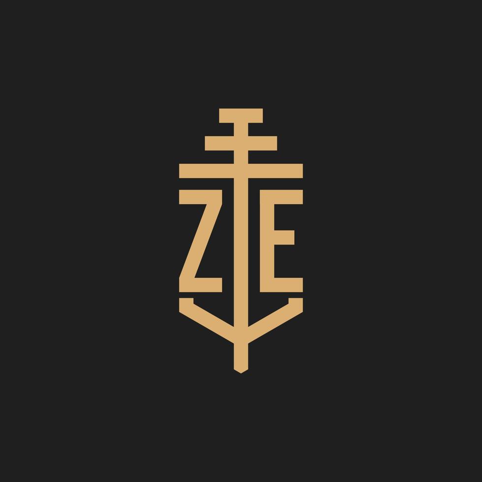 ZE initial logo monogram with pillar icon design vector