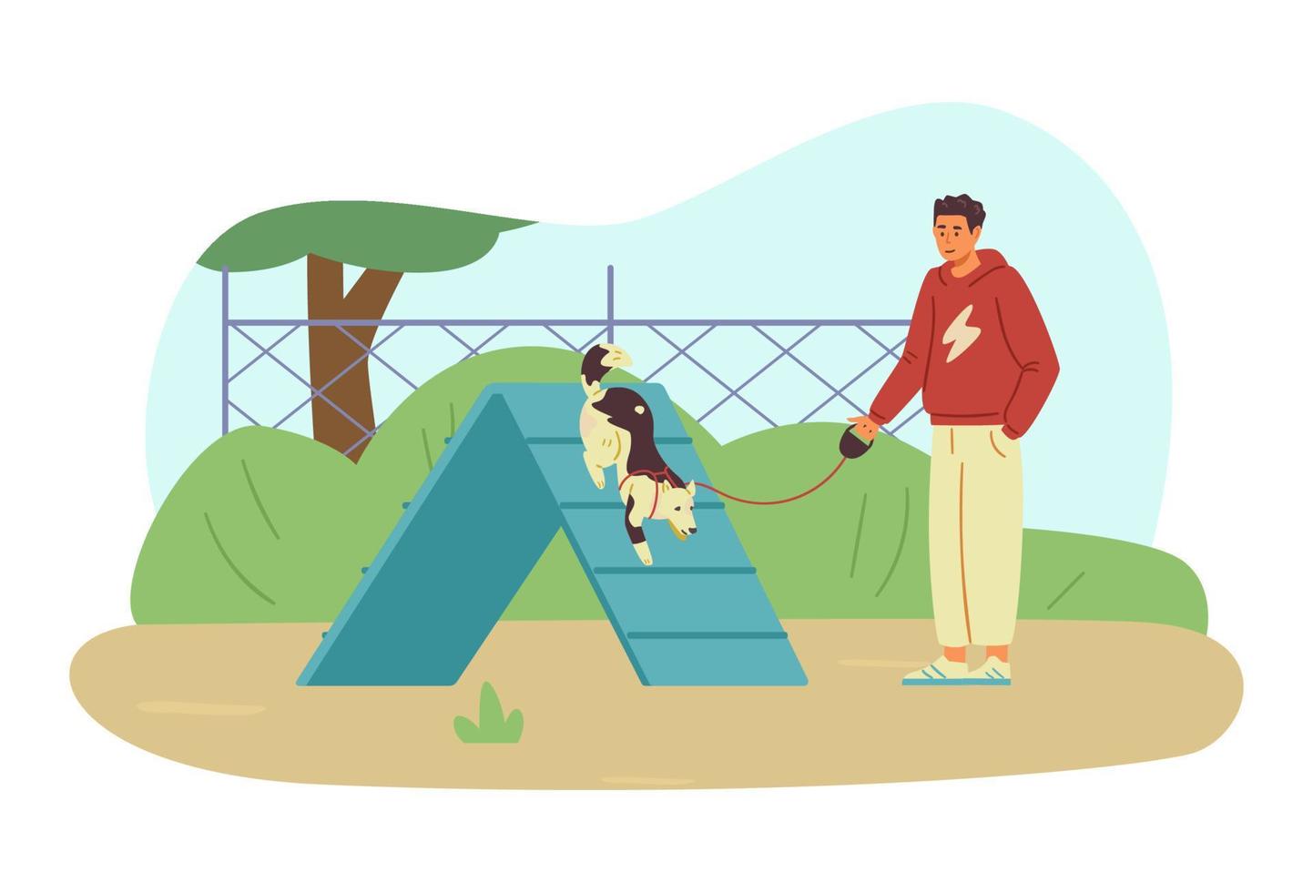 Man training his dog on agility field flat vector illustration. Dog passing boarder slide, owner standing alongside holding leash.