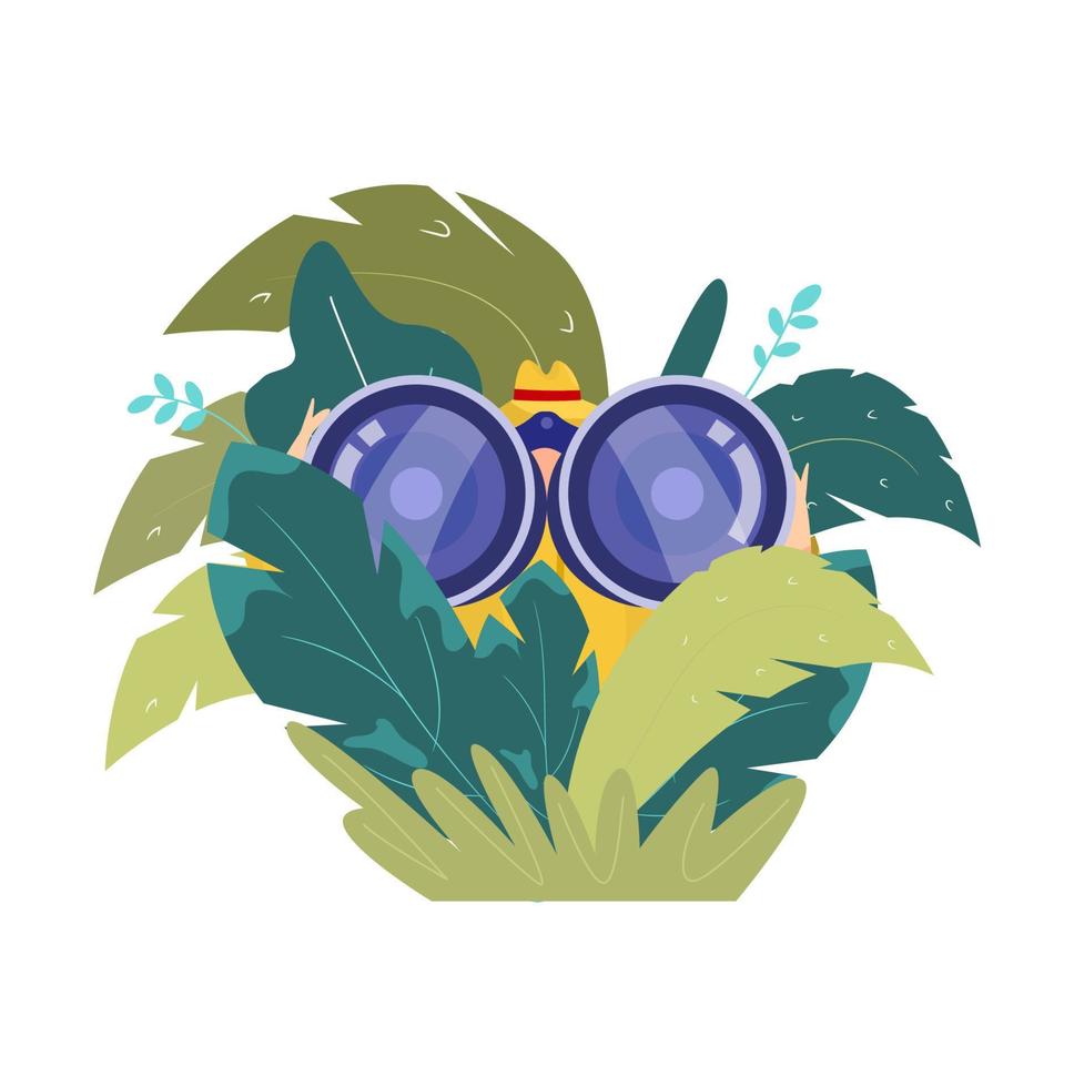 Detective in ambush looking through binoculars. Flat style. Tropical leaves in the background. vector