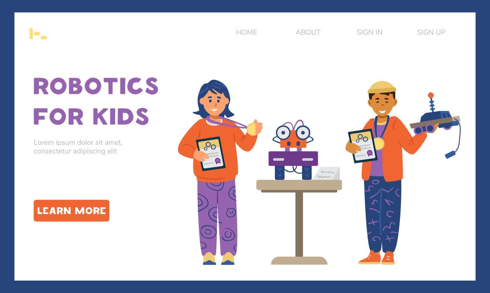 Robotics for kids landing page template. Girl and boy winning in robotics competitions holding medal and diploma near her robot. vector