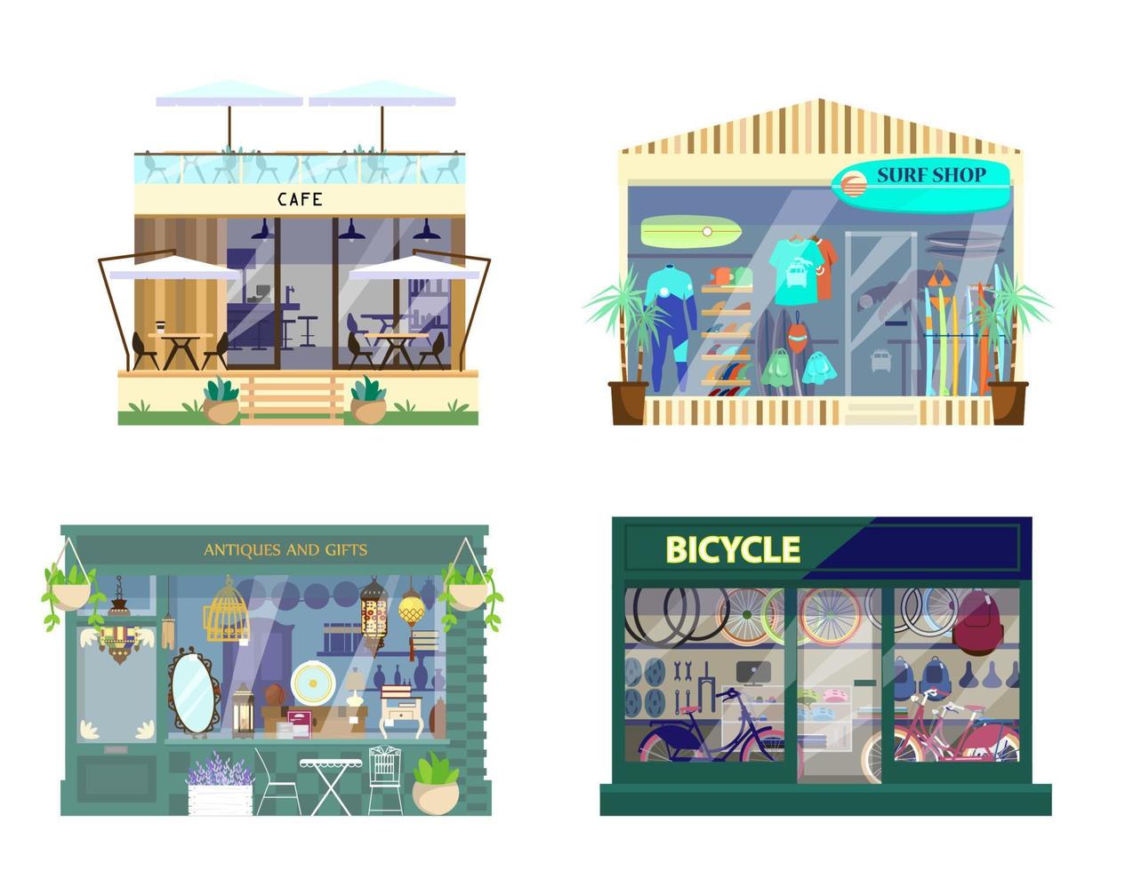 conjunto vectorial de exteriores de tiendas. tienda de bicicletas, cafetería con terraza en la azotea, antigüedades y regalos, tienda de surf. estilo de dibujos animados plana. vector