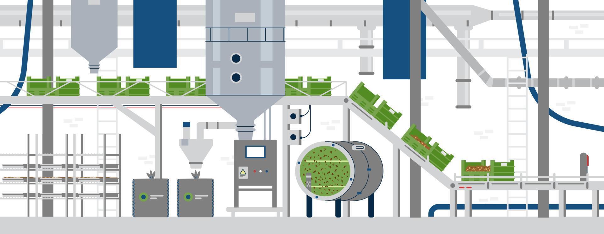 Automated bug farm interior with no people flat vector illustration. Insect farming equipment, conveyor, boxes, pipes.