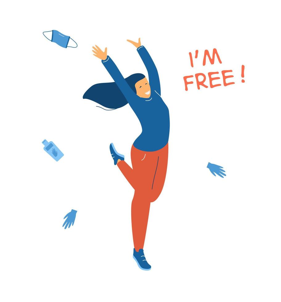 Happy young woman jumping with hands up surrounded with potective mask, gloves, sanitizer which are no longer needed. End of quarantine and epidemic Covid-19 concept. Flat vector illustration.