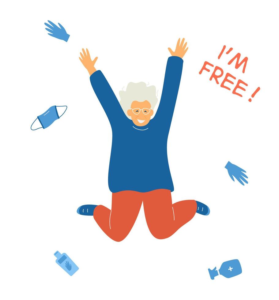 Happy old lady jumping with hands up surrounded with potective mask, gloves, sanitizer which are no longer needed. End of quarantine and epidemic Covid-19 concept. Flat vector illustration.