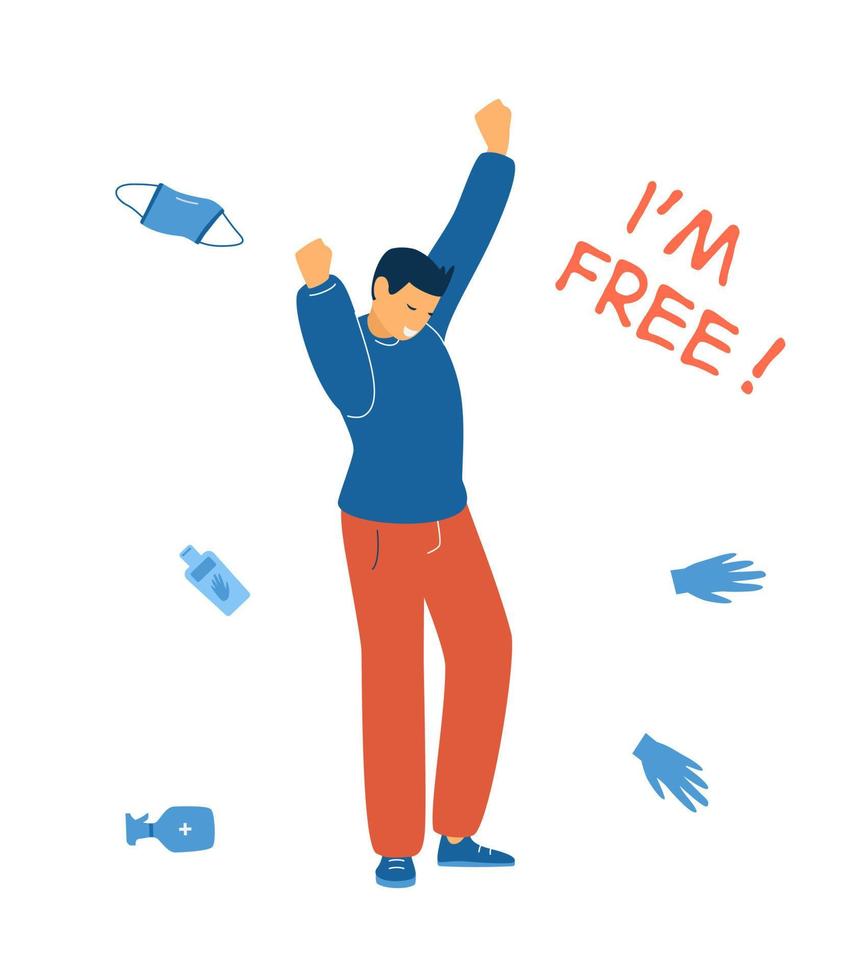 Happy young man surrounded with potective mask, gloves, sanitizer which are no longer needed celebrating end of quarantine and Covid-19 epidemic. Flat vector illustration.