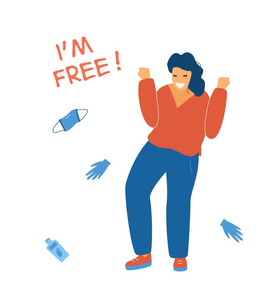 Happy woman celebrates end of coronavirus epidemic and quarantine.  Freedom from potective mask, gloves, sanitizer which are no longer needed. Flat vector illustration.