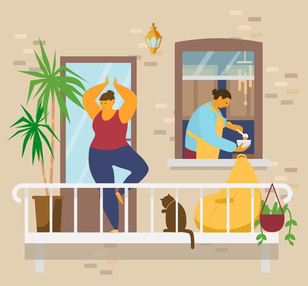 mujer en pose de árbol haciendo yoga en el balcón con gato y plantas, hombre en delantal pobres sopa en un tazón en la ventana de la cocina. actividades del hogar. quedarse en casa concepto. ilustración vectorial plana. vector