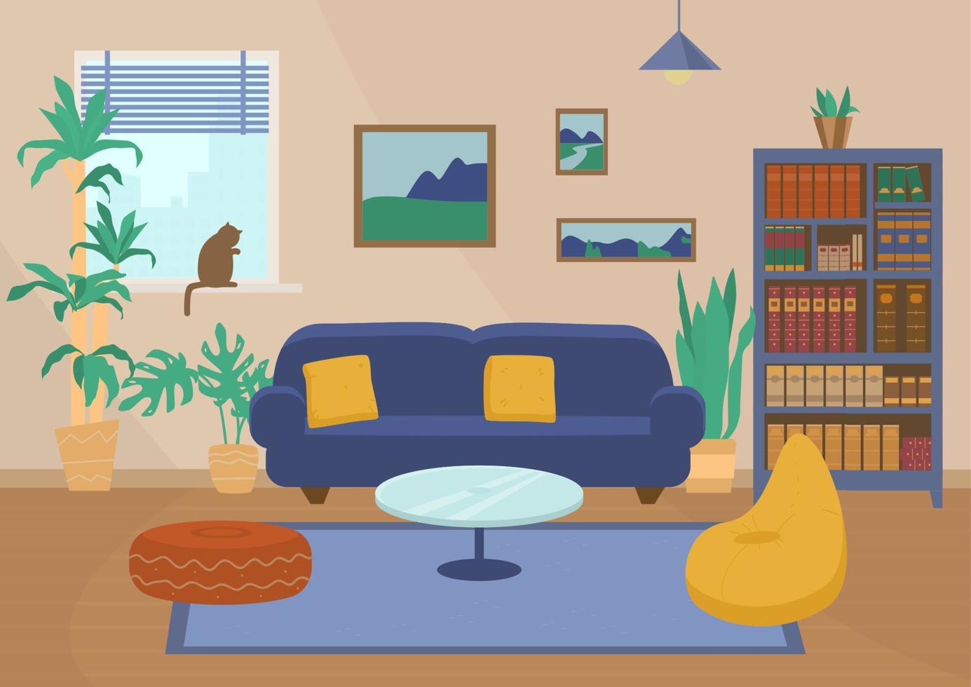 Vector living room interior. Home room design. Sofa with cushions, bookcase, glass coffee table, bean bag chair, plants, paintings.