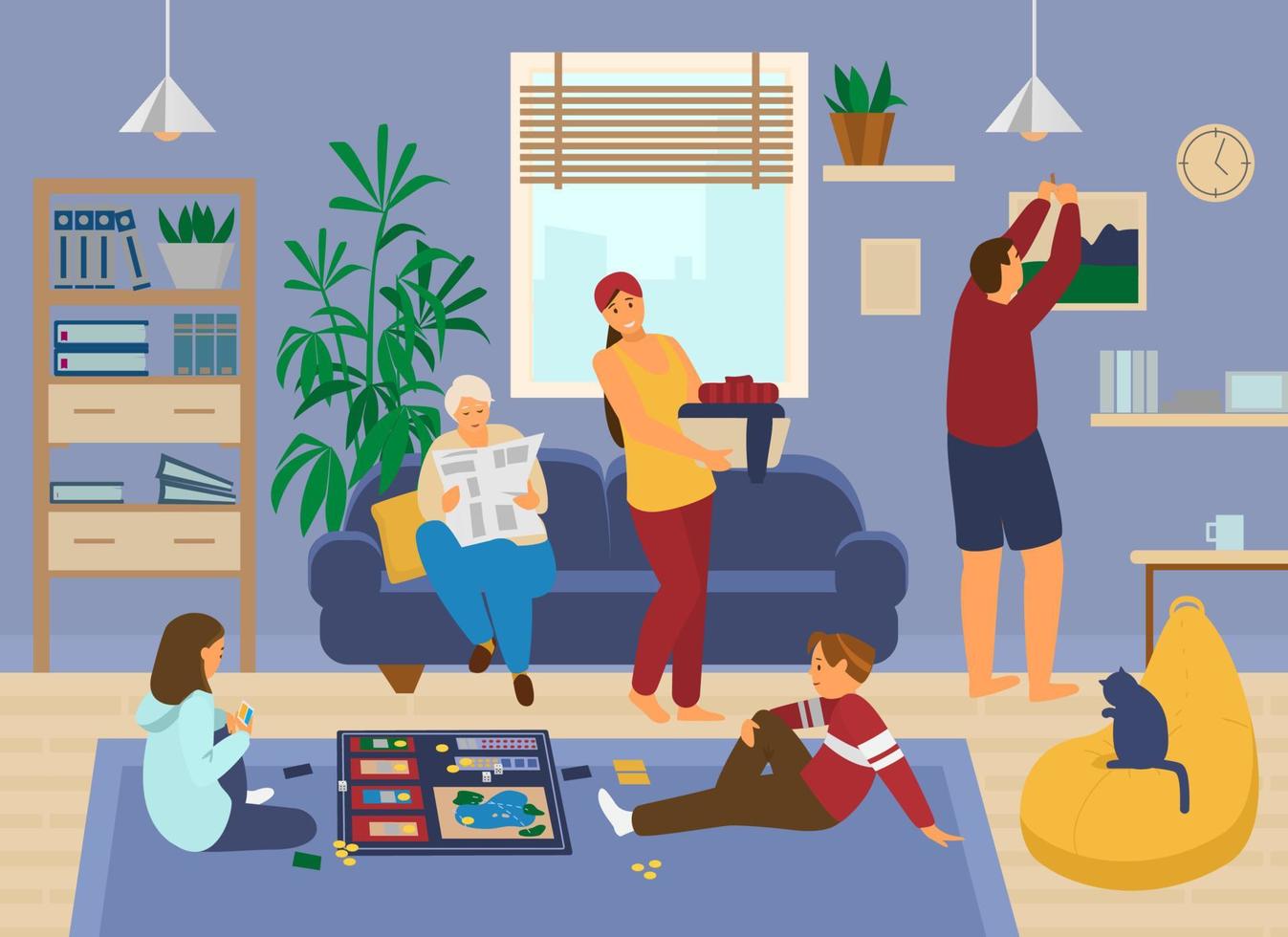Family at home. Kids playing board game, grandmather reads newspaper, mother doing laundry, father hangs picture. Living room interior. Stay home. Home activities. Flat vector illustration.