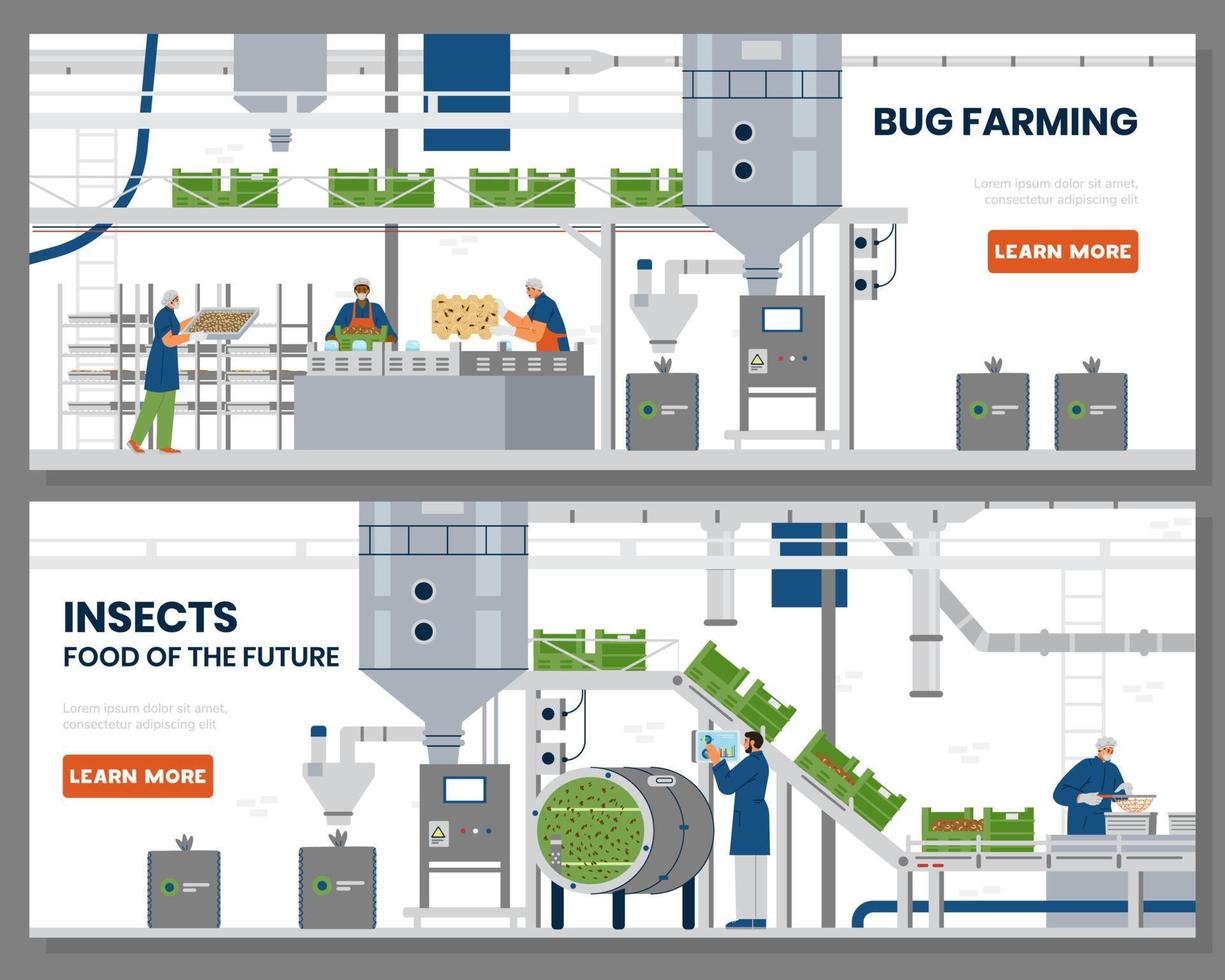 banner de vector horizontal de agricultura de insectos. interior de granja de insectos automatizado con ilustración de trabajadores. insecto como alimento alternativo del futuro.