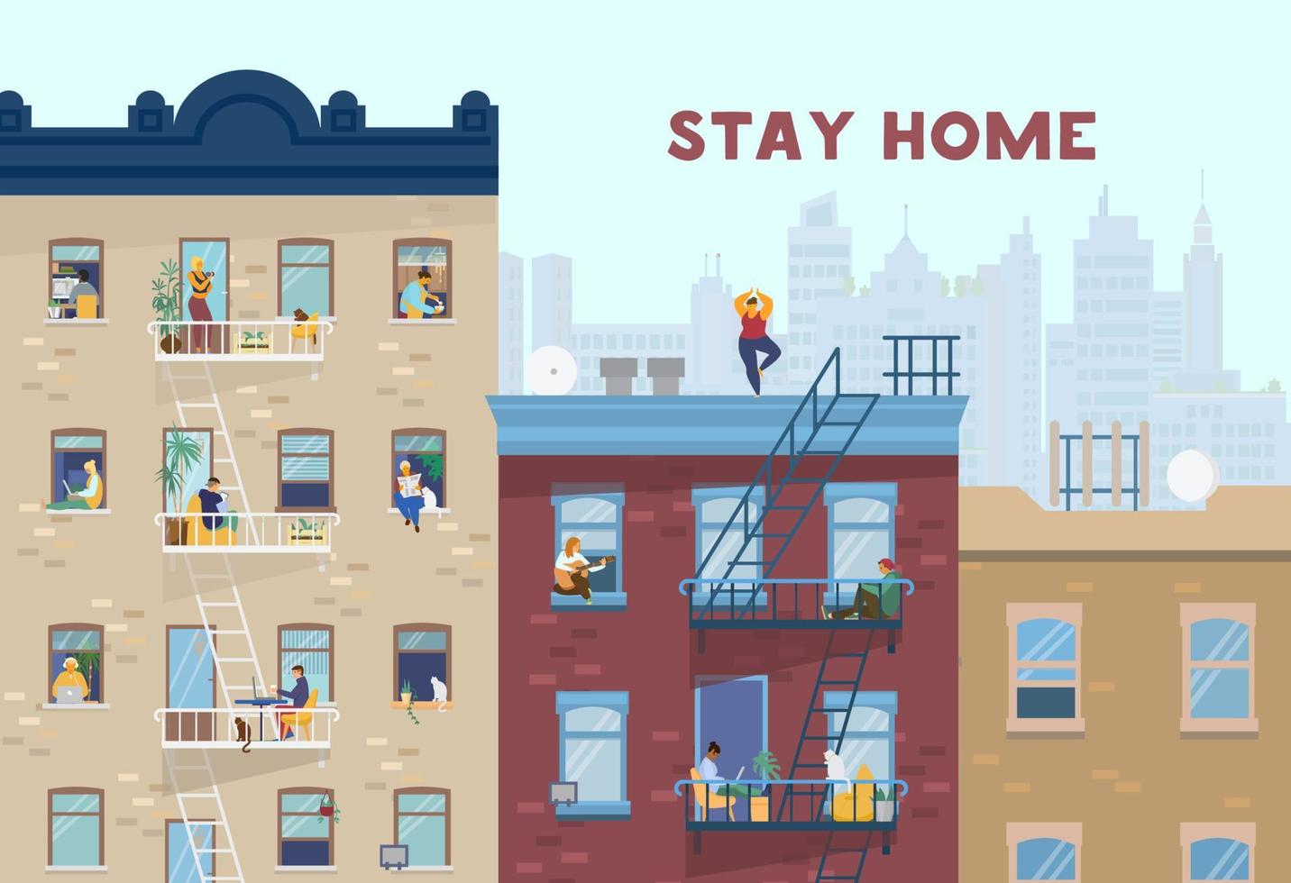 Stay home motivational banner. People in windows staying home due to quarantine, working, studying, playing guitar, doing fitness, cooking, reading. Brick houses front. Flat vector illustration.