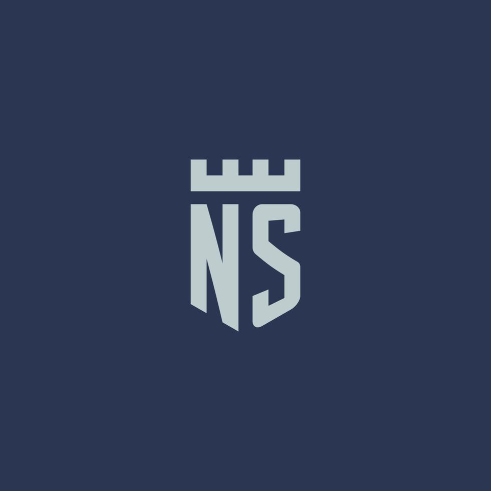 monograma del logotipo de ns con castillo de fortaleza y diseño de estilo de escudo vector