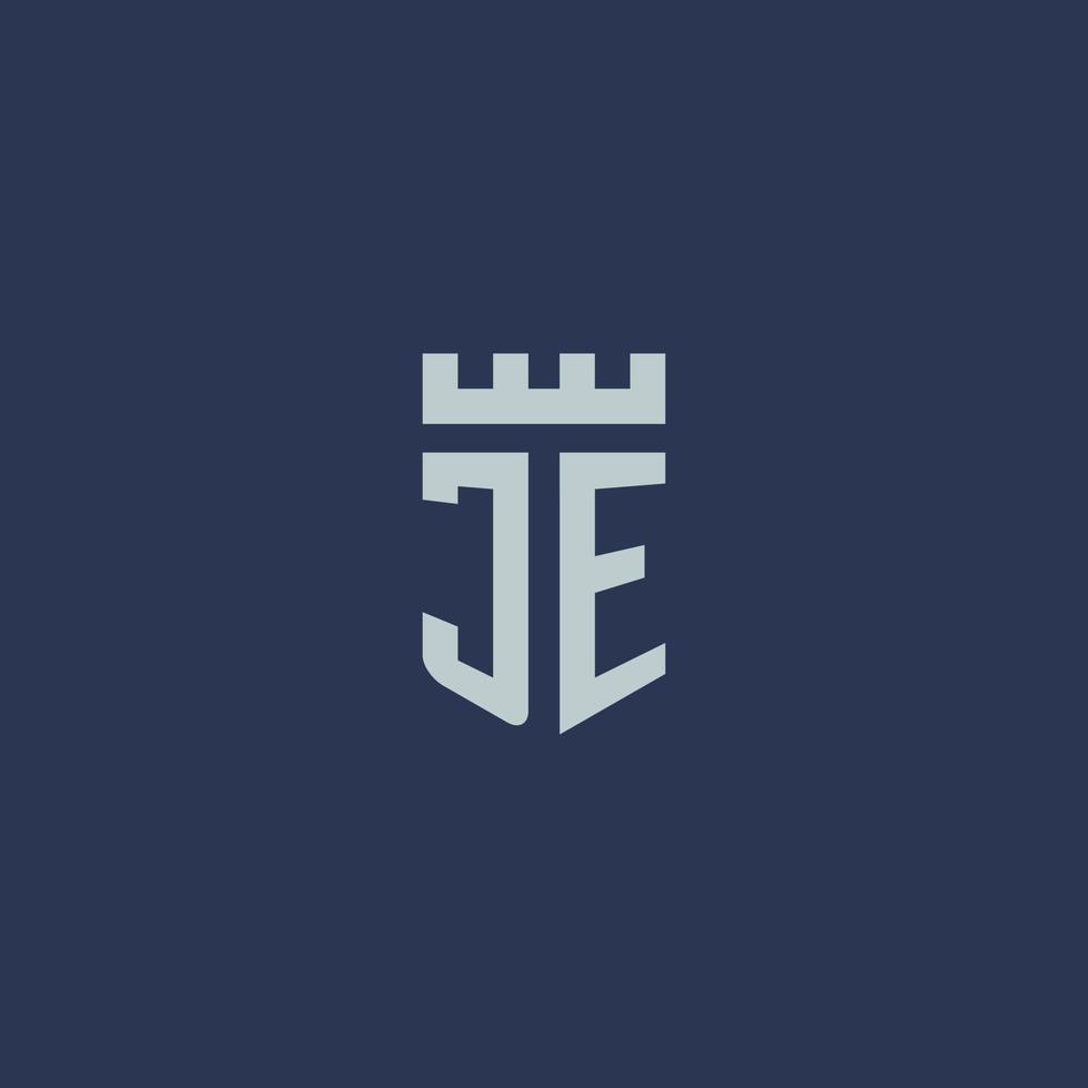 JE logo monogram with fortress castle and shield style design vector