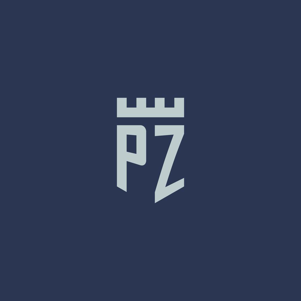 monograma del logotipo pz con castillo de fortaleza y diseño de estilo escudo vector