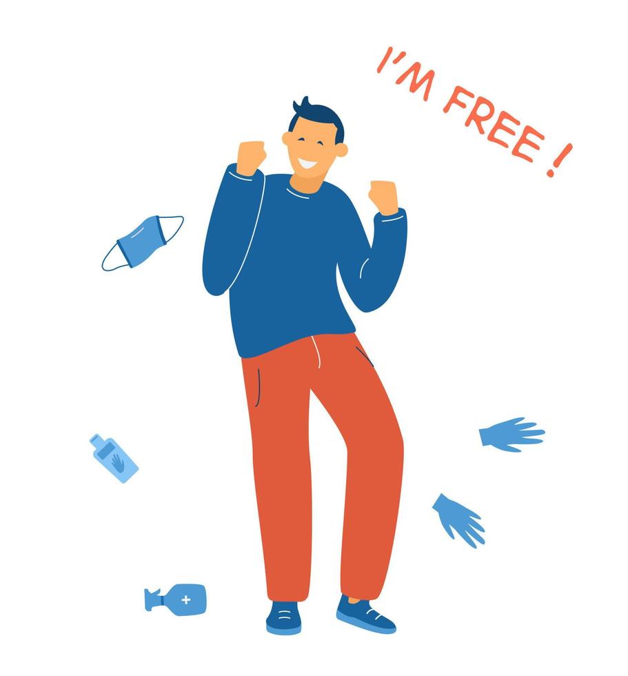 Happy young man surrounded with potective mask, gloves, sanitizer which are no longer needed celebrating end of quarantine and Covid-19 epidemic. Flat vector illustration.