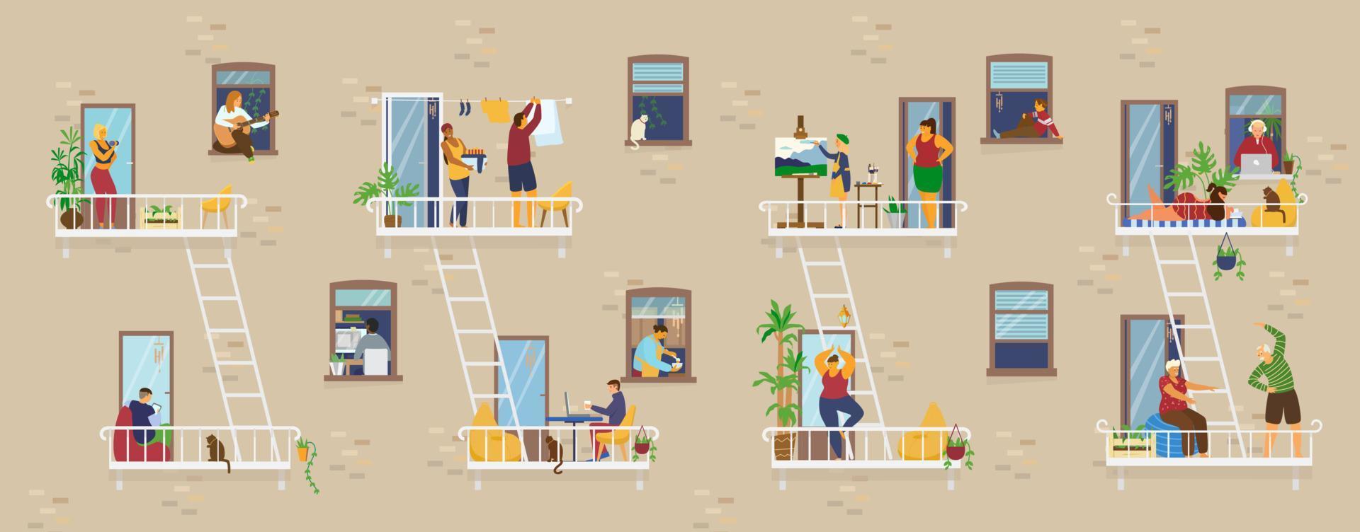 Social Distancing Concept.People in windows and balconies at home doing different activities. exercising, studying, playing guitar, working, doing yoga, cooking, reading. Flat Vector Illustration.